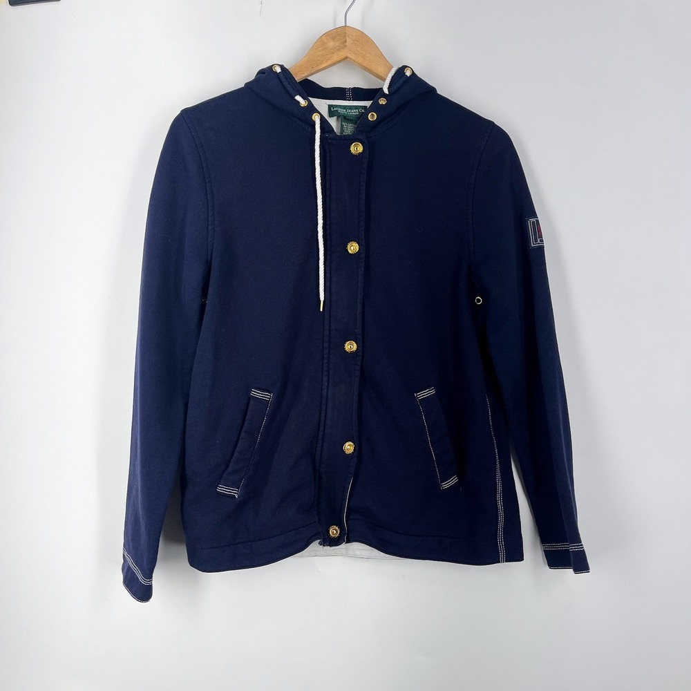 Lauren Jeans Co Ralph Lauren Navy Blue Button Front Hoodie Jacket Gold Buttons M